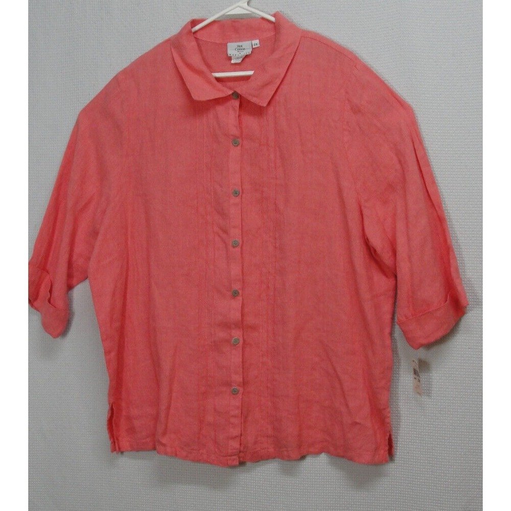 Hot Cotton Top 2X  100% Linen Shirt Button Up 3/4 Sleeve Salmon Pink Lagenlook